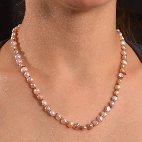 Gorgeous White Freshwater Pearl & Redondo Pink Tourmaline Necklace 18” RG/SS - Picture 3 of 8